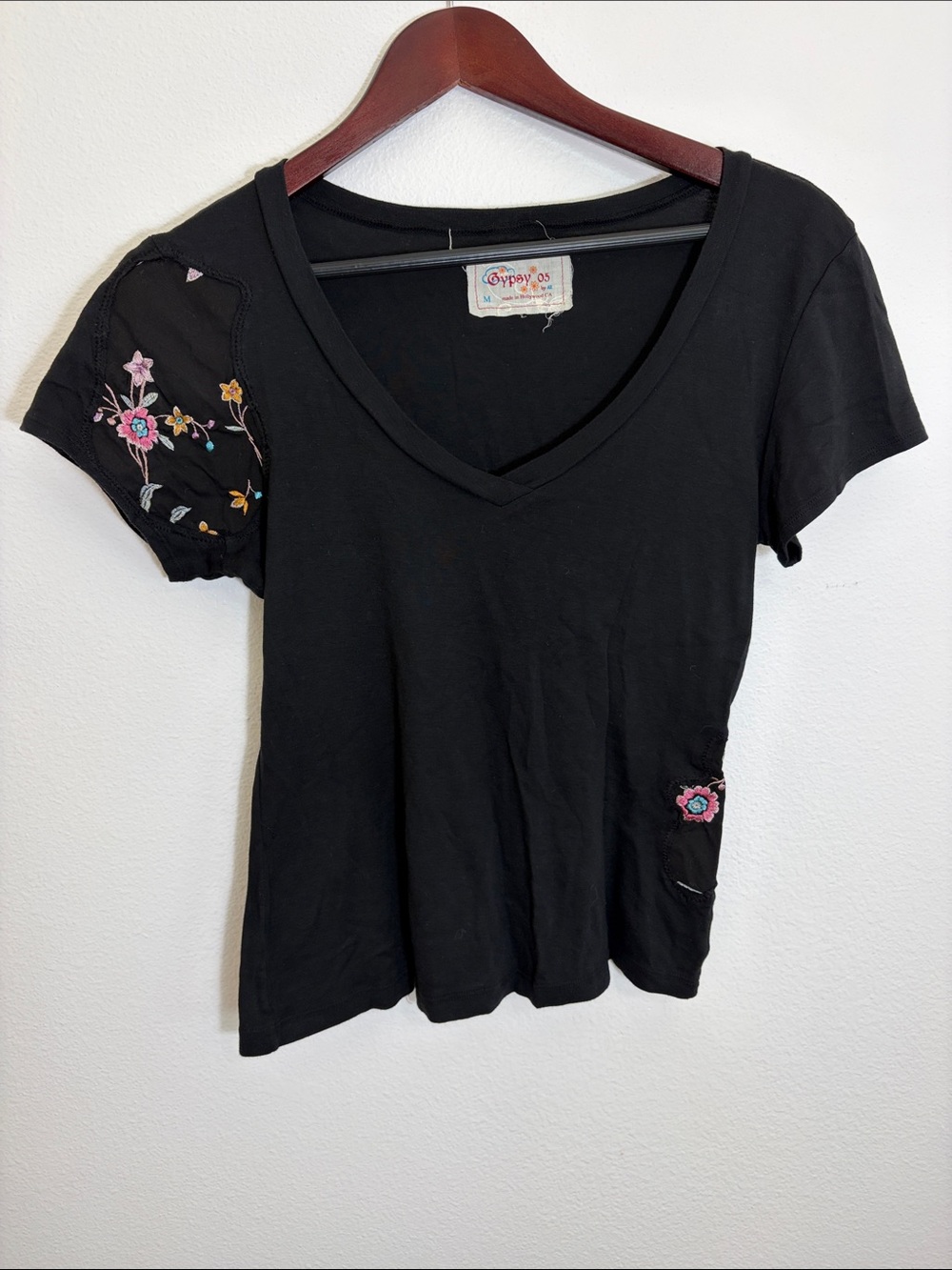 Gypsy 05 Black V-Neck Tee with Multicolor Floral Embroidery